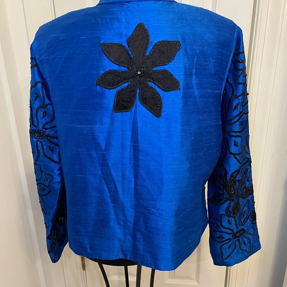 Anage Vintage Women’s Blazer Jacket Floral Beaded Art to Wear silk xl royal blue - Picture 2 of 4